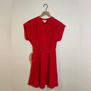 Monteau Los Angeles Red V-Neck Stretch & Tie Waist Dress, Size Large Lightweight